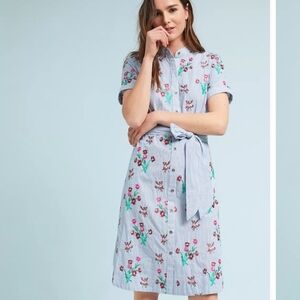 Anthropologie Maeve Embroidered  Shirtdress Floral Striped Dress Size 0